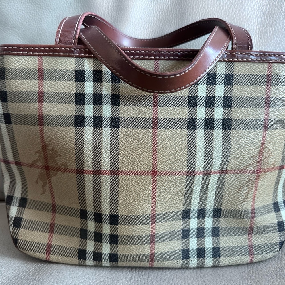Burberry Cream and Red Tote with Plaid Pattern